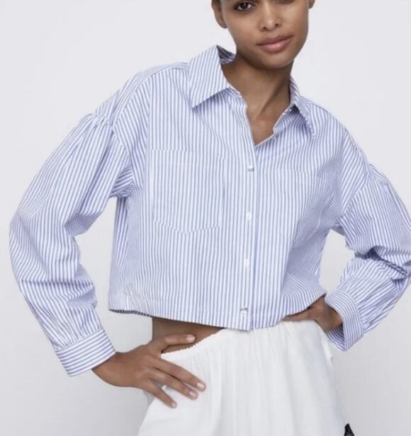 Monki Tops - Monkl Blouse in White Blue Crop Womens Crop Blouse Medium A009099